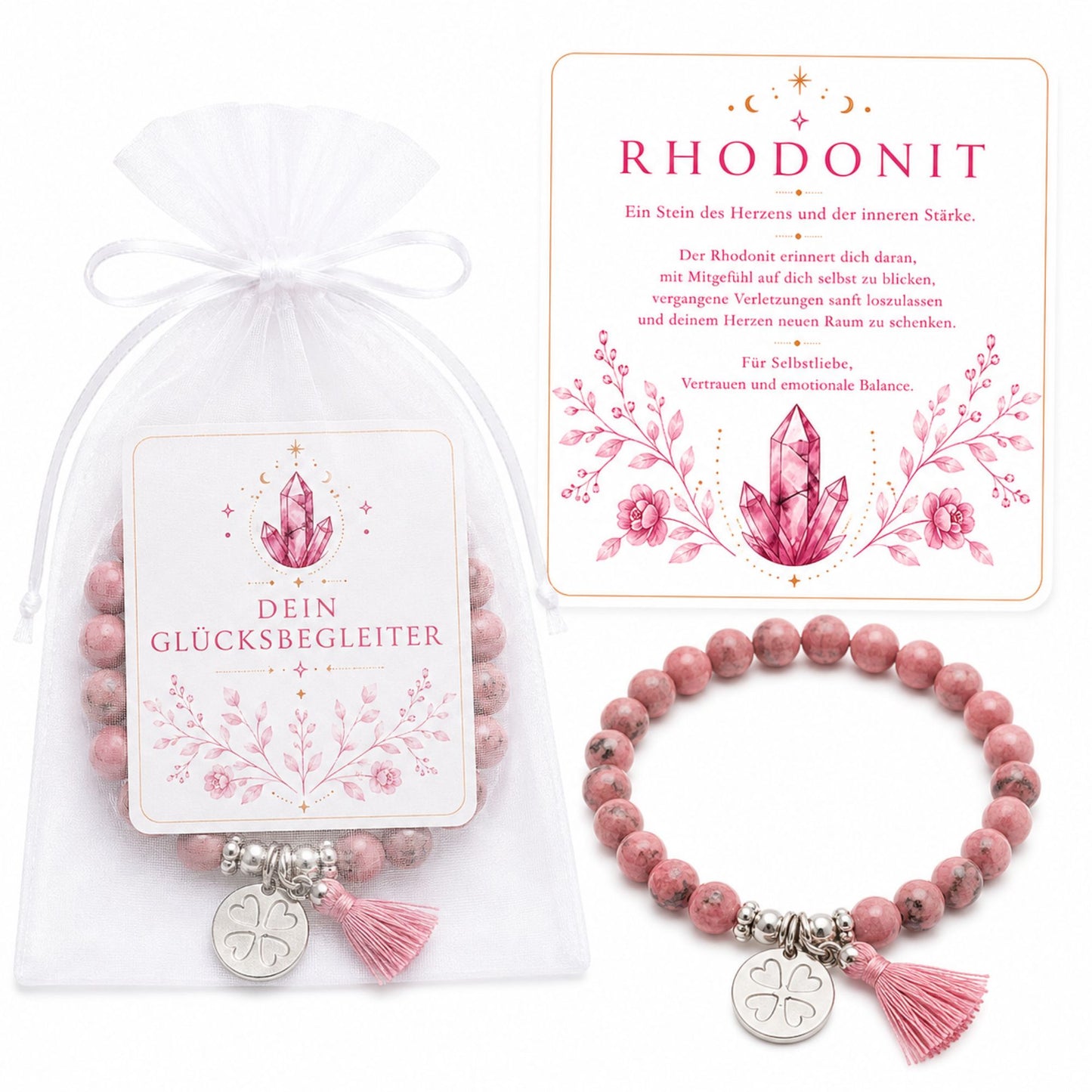 MilaBoo® Rhodonit Armband Damen – Edelstein Armband mit Kleeblatt-Anhänger, Quaste & Geschenk-Karte
