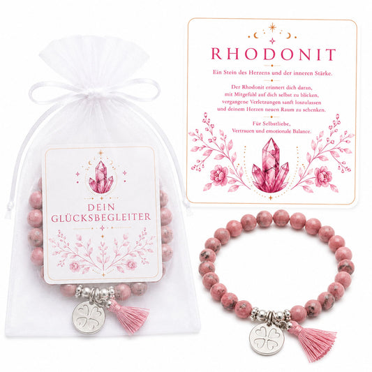 MilaBoo® Rhodonit Armband Damen – Edelstein Armband mit Kleeblatt-Anhänger, Quaste & Geschenk-Karte