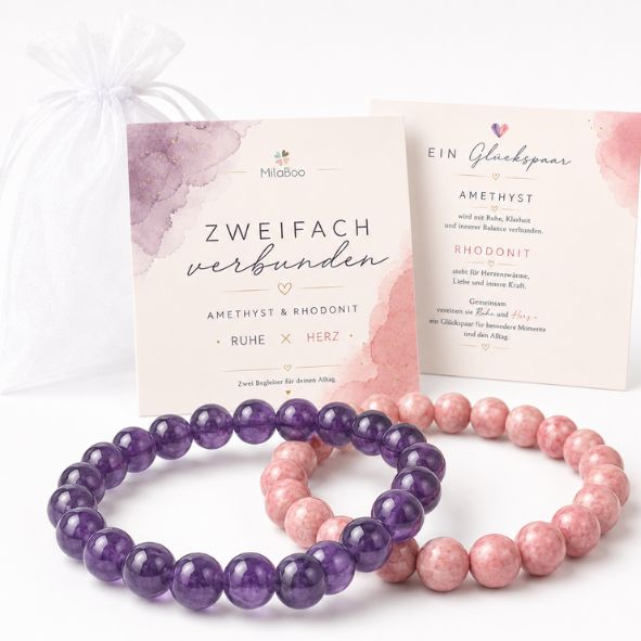 Damen Armband Set Amethyst & Rhodonit | 2er Edelstein Armband | Geschenk für Freundin Schwester Mama | Glücksarmband Naturstein