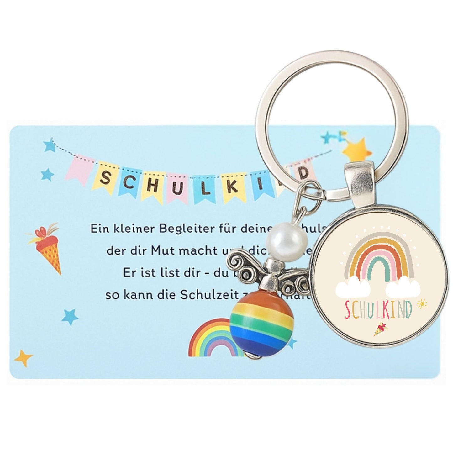Schutzengel Schlüsselanhänger zur Einschulung – Design Regenbogen