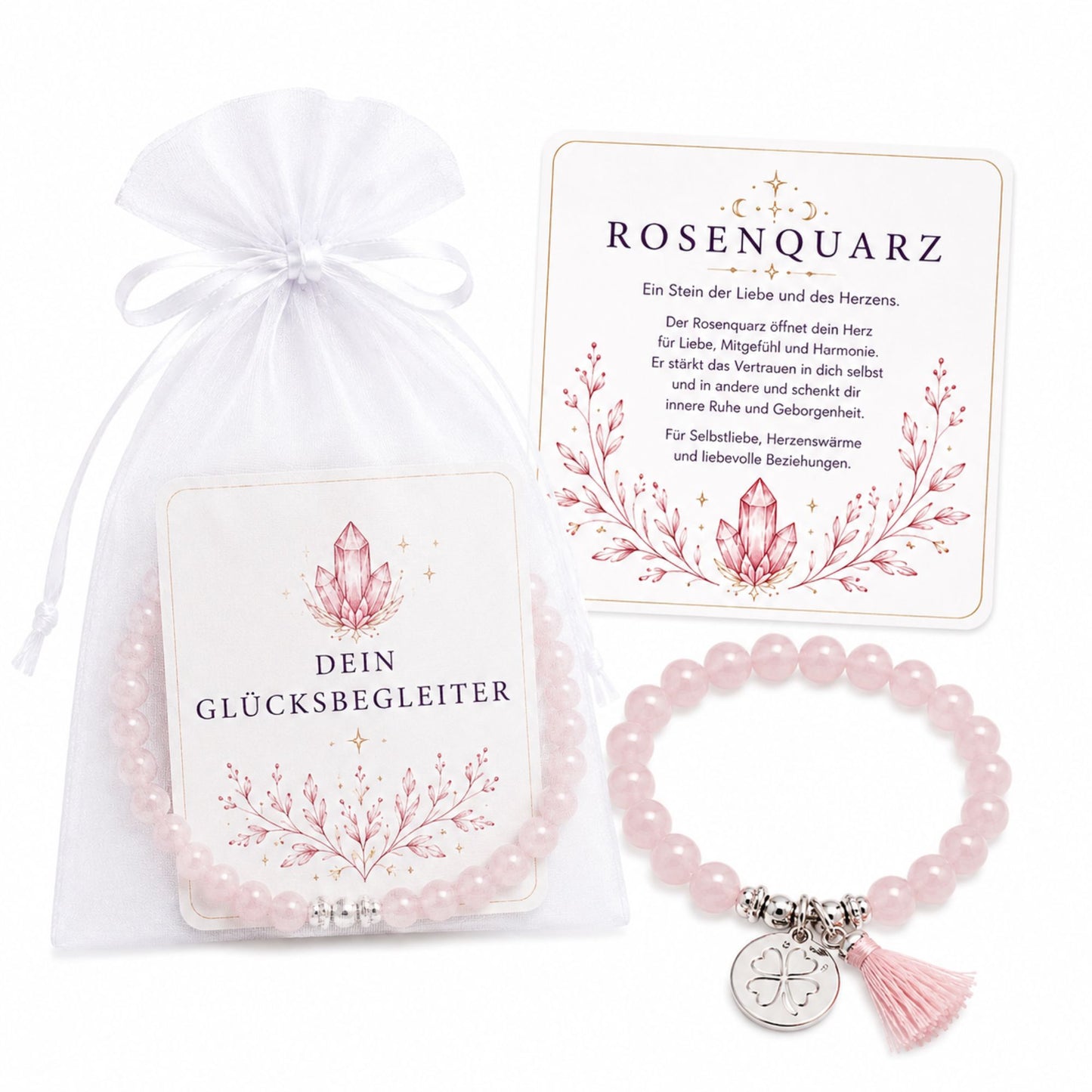 MilaBoo® Rosenquarz Armband Damen – Naturstein Armband mit Kleeblatt-Anhänger & Quaste als liebevolles Geschenk
