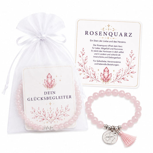 MilaBoo® Rosenquarz Armband Damen – Naturstein Armband mit Kleeblatt-Anhänger & Quaste als liebevolles Geschenk