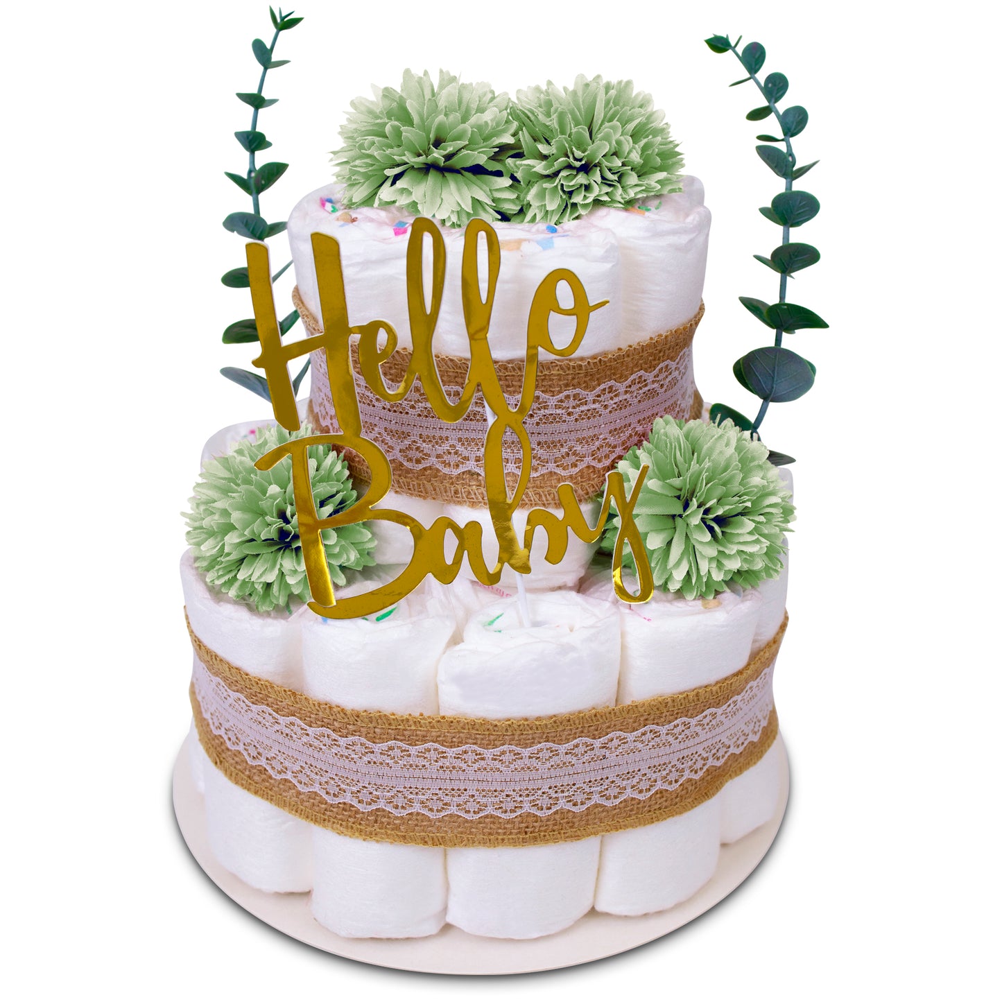 Windeltorte Boho Grün – 2-stöckig mit Eukalyptus