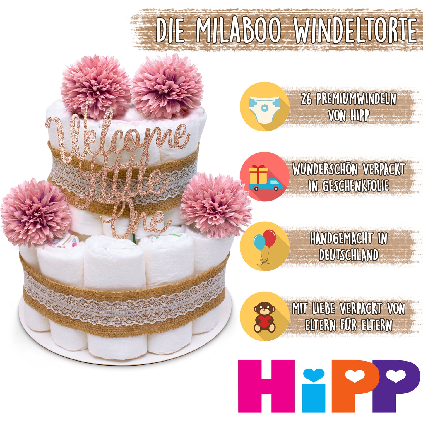 Windeltorte Vintage Boho Rosa – 2-stöckig