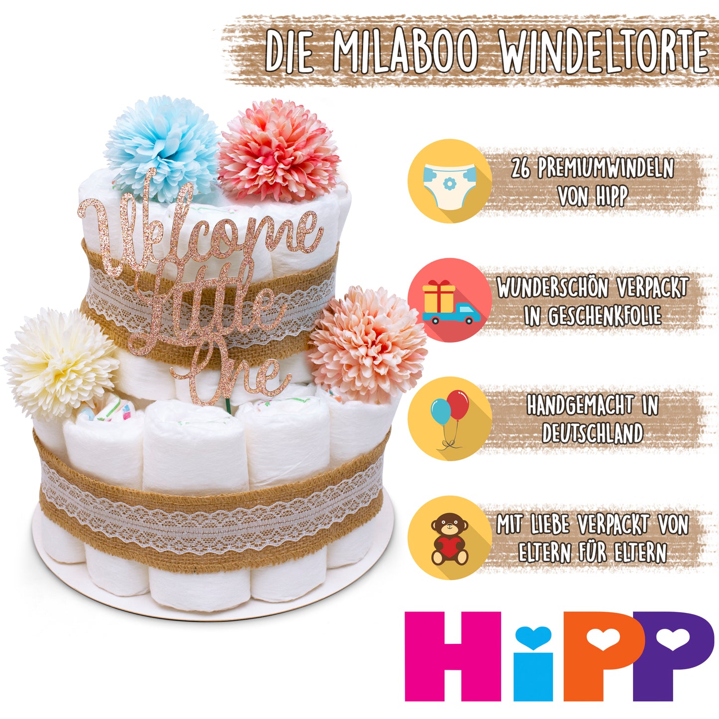 Windeltorte Vintage Boho Neutral – 2-stöckig
