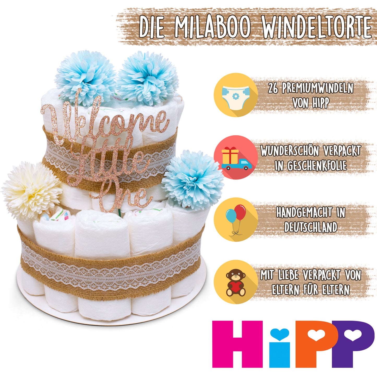 Windeltorte Vintage Boho Blau – 2-stöckig