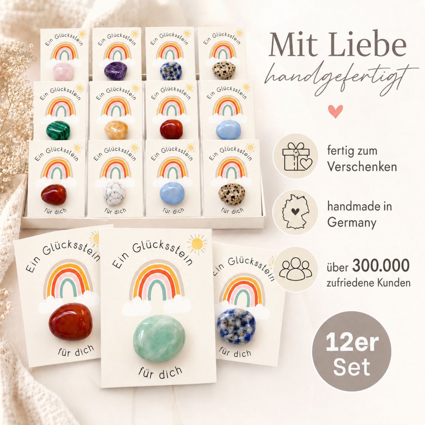 12er Set Glückssteine mit Karte – Natursteine einzeln verpackt als Glücksbringer, Mitgebsel & kleine Geschenkidee