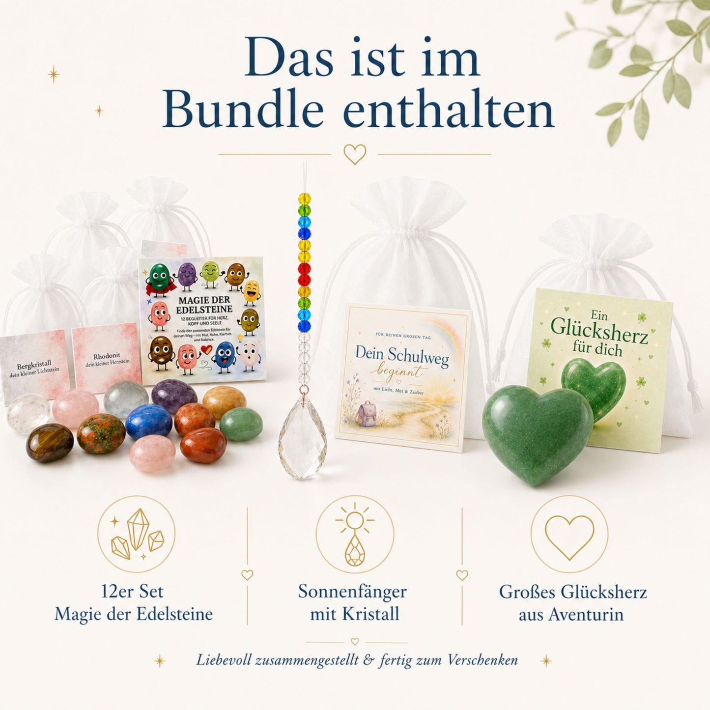 Geschenkset zur Einschulung – 3 Glücksbringer für die Schultüte mit Edelsteinen, Sonnenfänger & Aventurin-Herz