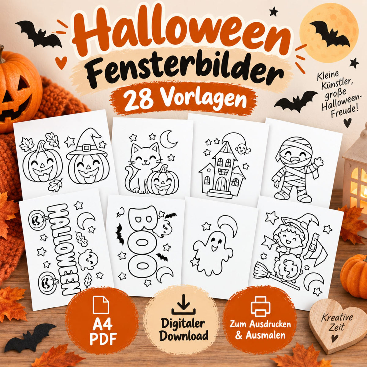 28 Halloween Fensterbilder für Kinder | Ausmalbilder PDF zum Ausdrucken | Geist Hexe Kürbis | Halloween Fensterdeko Download