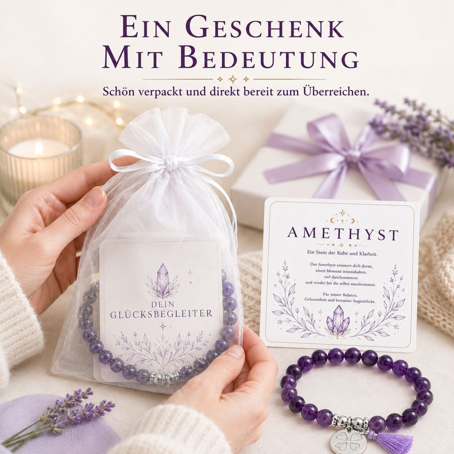 MilaBoo® Amethyst Armband Damen – Naturstein Armband mit Kleeblatt-Anhänger & Quaste als liebevolles Geschenk
