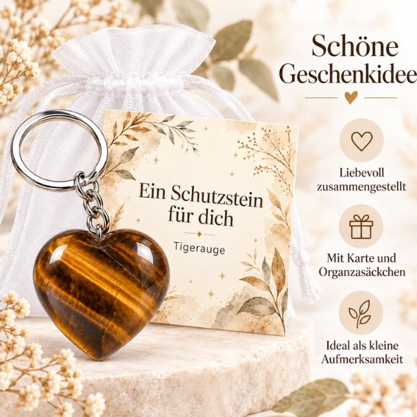 Tigerauge Herz Schlüsselanhänger „Ein Schutzstein für dich“ – Glücksbringer mit Karte im Organzasäckchen