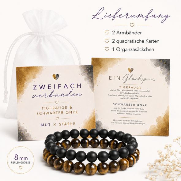 2er Set Armband Damen Tigerauge & Schwarzer Onyx „Mut × Stärke“ – Edelstein Perlenarmband 8 mm mit Geschenkkarte
