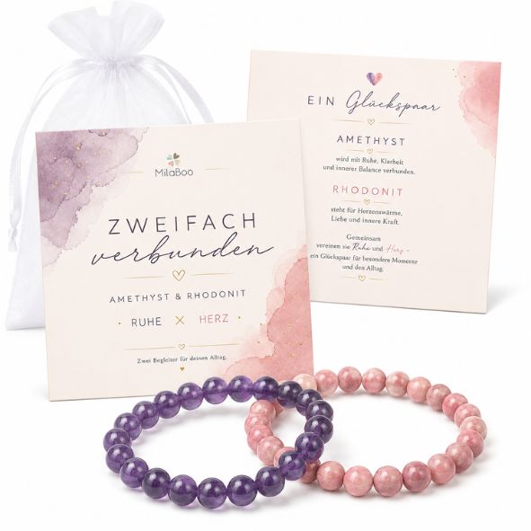 Damen Armband Set Amethyst & Rhodonit | 2er Edelstein Armband | Geschenk für Freundin Schwester Mama | Glücksarmband Naturstein