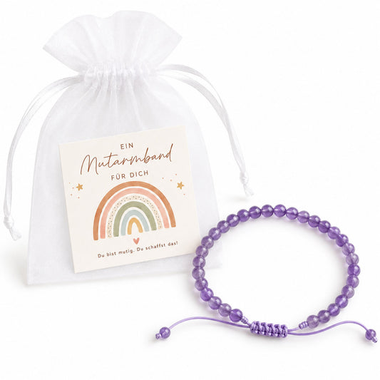 Milaboo Geschenk zur Einschulung – Naturstein mit Karte im Organzasäckchen, kleine Aufmerksamkeit für Schultüte, Schulanfang und 1. Schultag, Glücksstein, Mutstein (Mutarmband Amethyst)