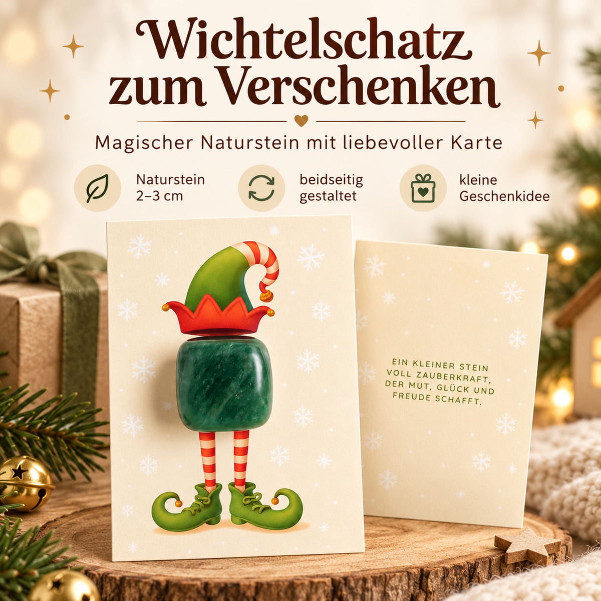 MilaBoo® Wichtelstein mit Karte – Magischer Glücksstein für die Wichtelzeit – Wichtel Zubehör Weihnachten, kleine Überraschung für Kinder, Mutstein & Glücksbringer