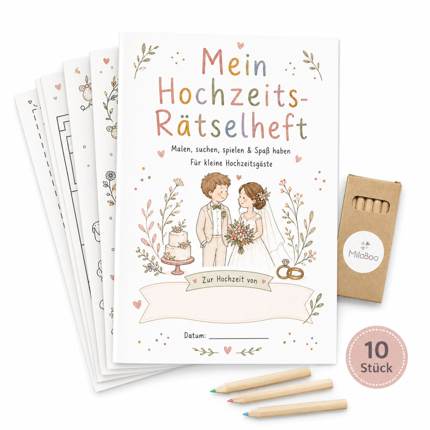 MilaBoo® Hochzeits-Rätselheft für Kinder – 10er-Set mit Buntstiften, 20 Seiten Mal- und Rätselspaß ab 3 Jahren