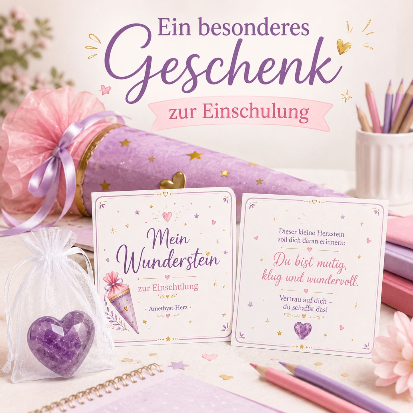 Wunderstein zur Einschulung – Amethyst Herz mit Karte & Organzasäckchen als liebevoller Glücksbegleiter zum Schulstart