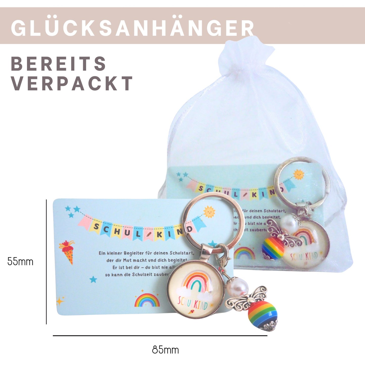 Schutzengel Schlüsselanhänger zur Einschulung – Design Regenbogen