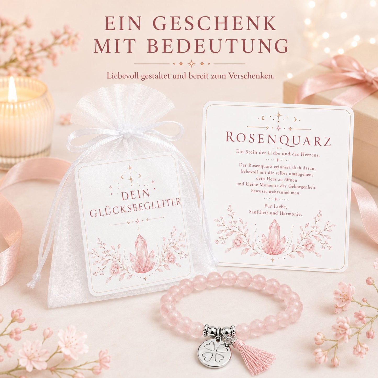 MilaBoo® Rosenquarz Armband Damen – Naturstein Armband mit Kleeblatt-Anhänger & Quaste als liebevolles Geschenk