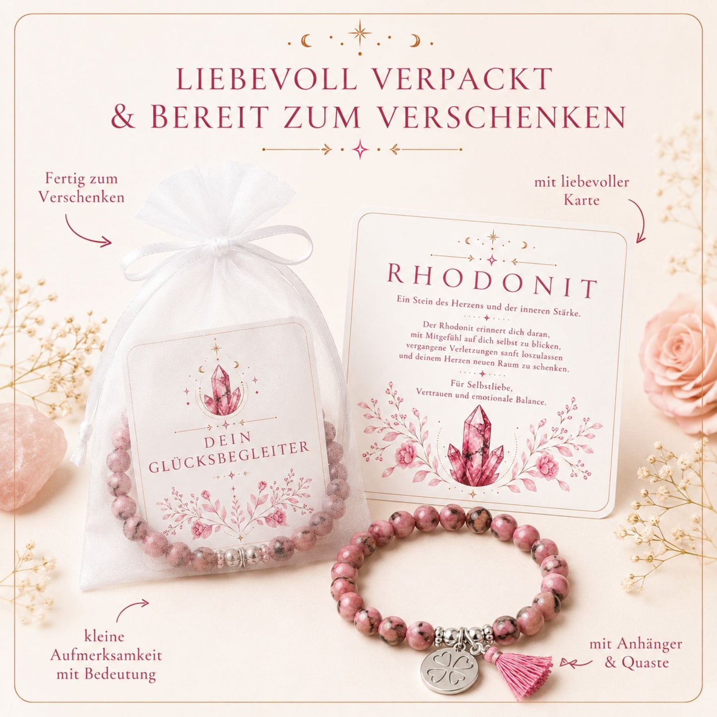 MilaBoo® Rhodonit Armband Damen – Edelstein Armband mit Kleeblatt-Anhänger, Quaste & Geschenk-Karte