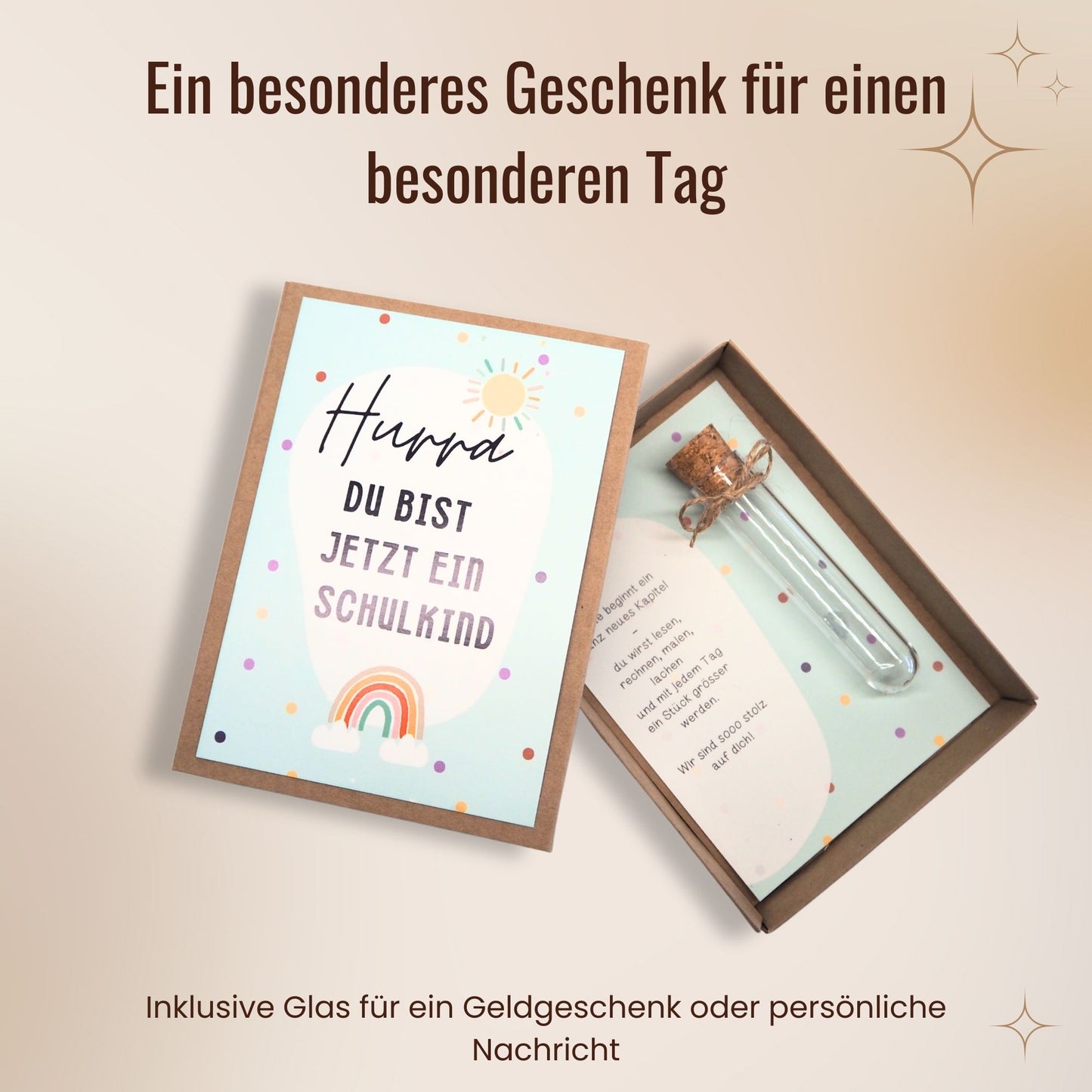 Geschenkbox zur Einschulung mit Reagenzglas & Karte – „Hurra, du bist jetzt ein Schulkind“