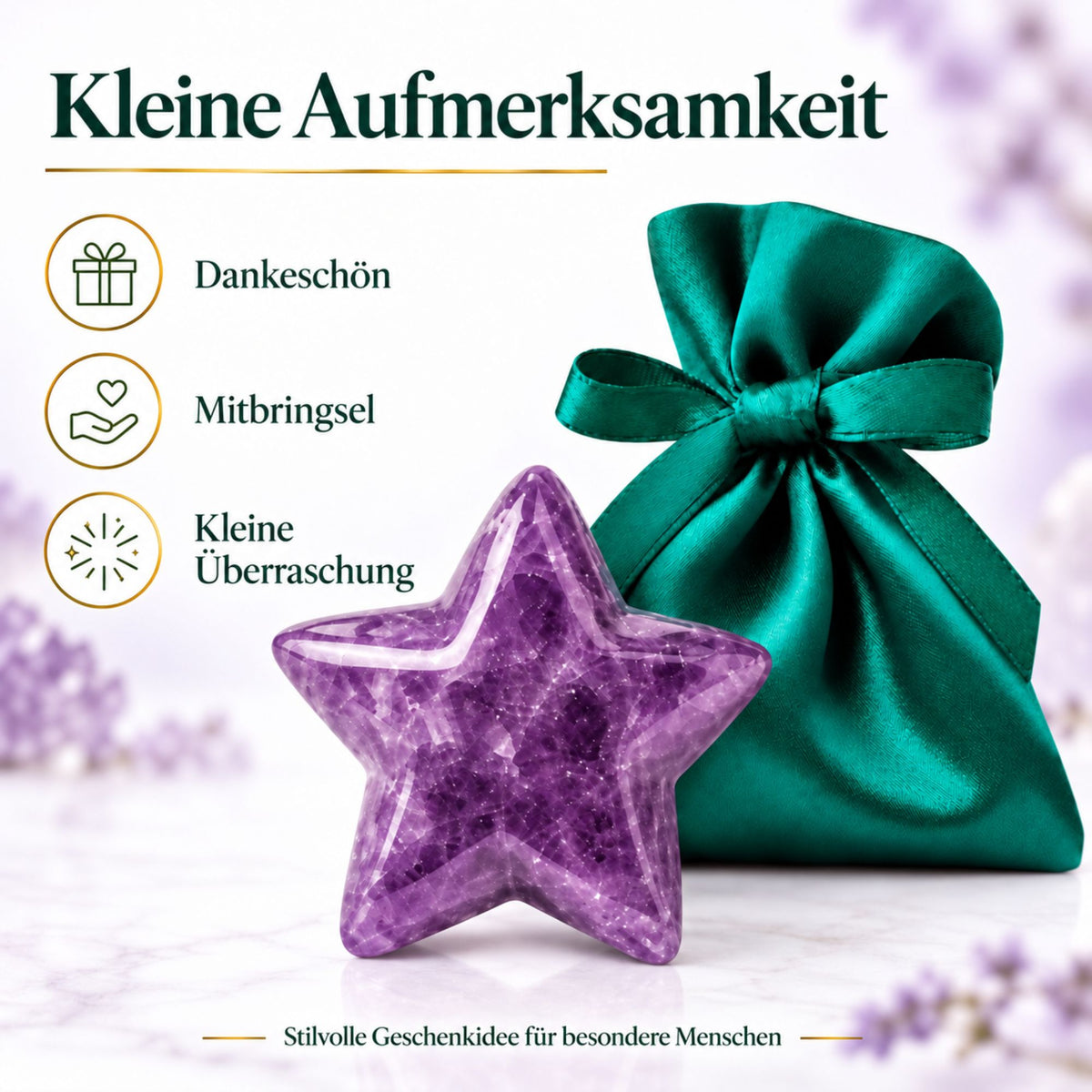 Edelstein-Stern 4 cm im Satinbeutel – Glücksstern aus Naturstein als kleine Aufmerksamkeit