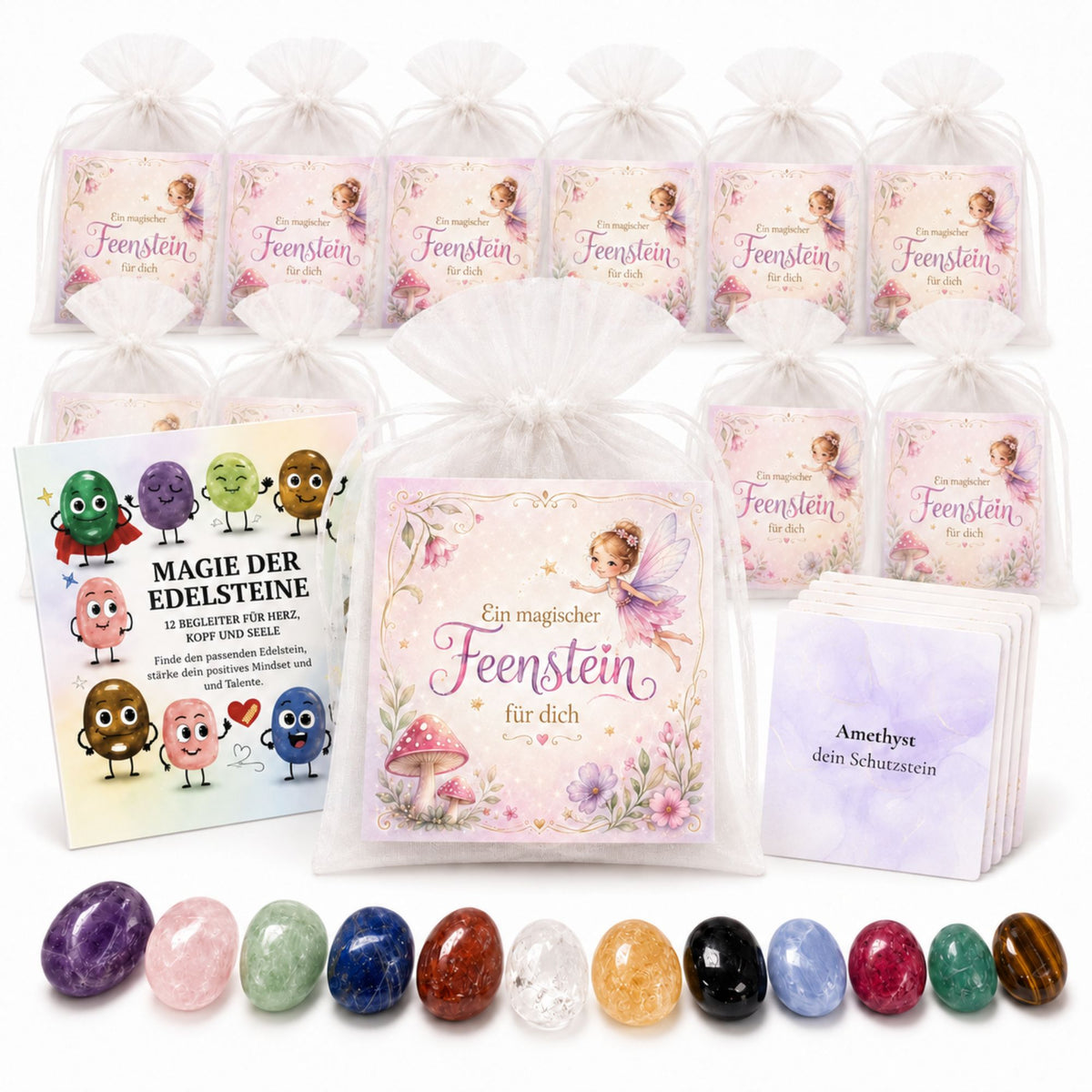 Feensteine 12er Set – magische Edelsteine mit Feenkarten & Broschüre „Magie der Edelsteine“ als Mitgebsel