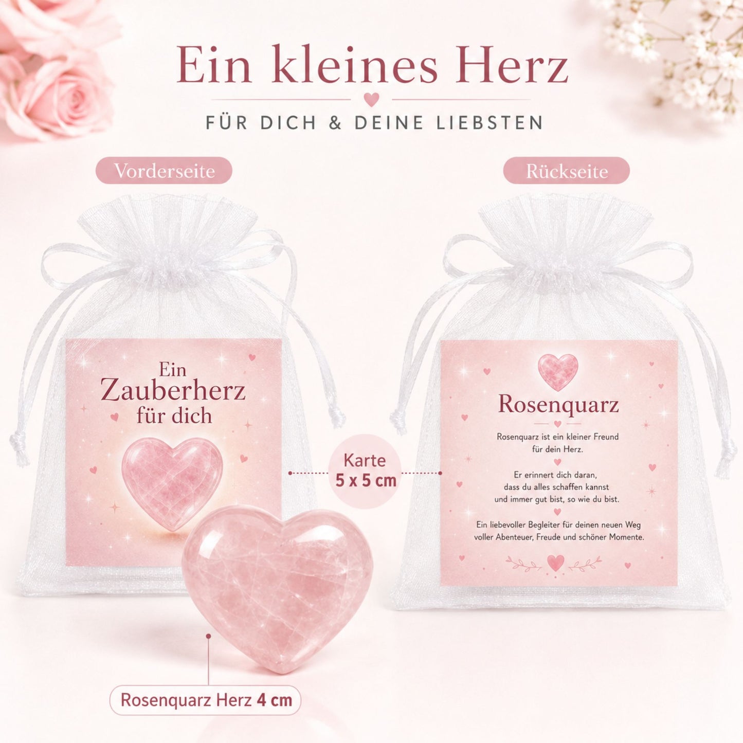 Herzstein Rosenquarz zur Einschulung – Glücksstein mit Karte im Organzasäckchen