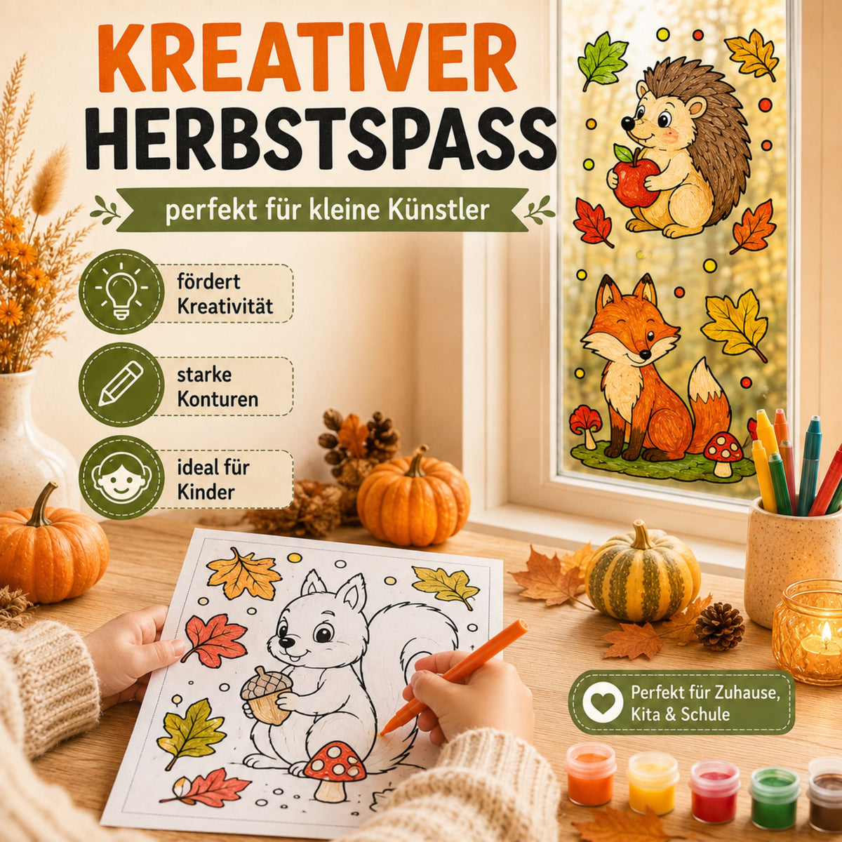 23 Herbst Fensterbilder Vorlagen für Kinder | Ausmalbilder Herbst | Fenstermalfarbe Vorlagen | PDF Download DIN A4 | Herbst Basteln