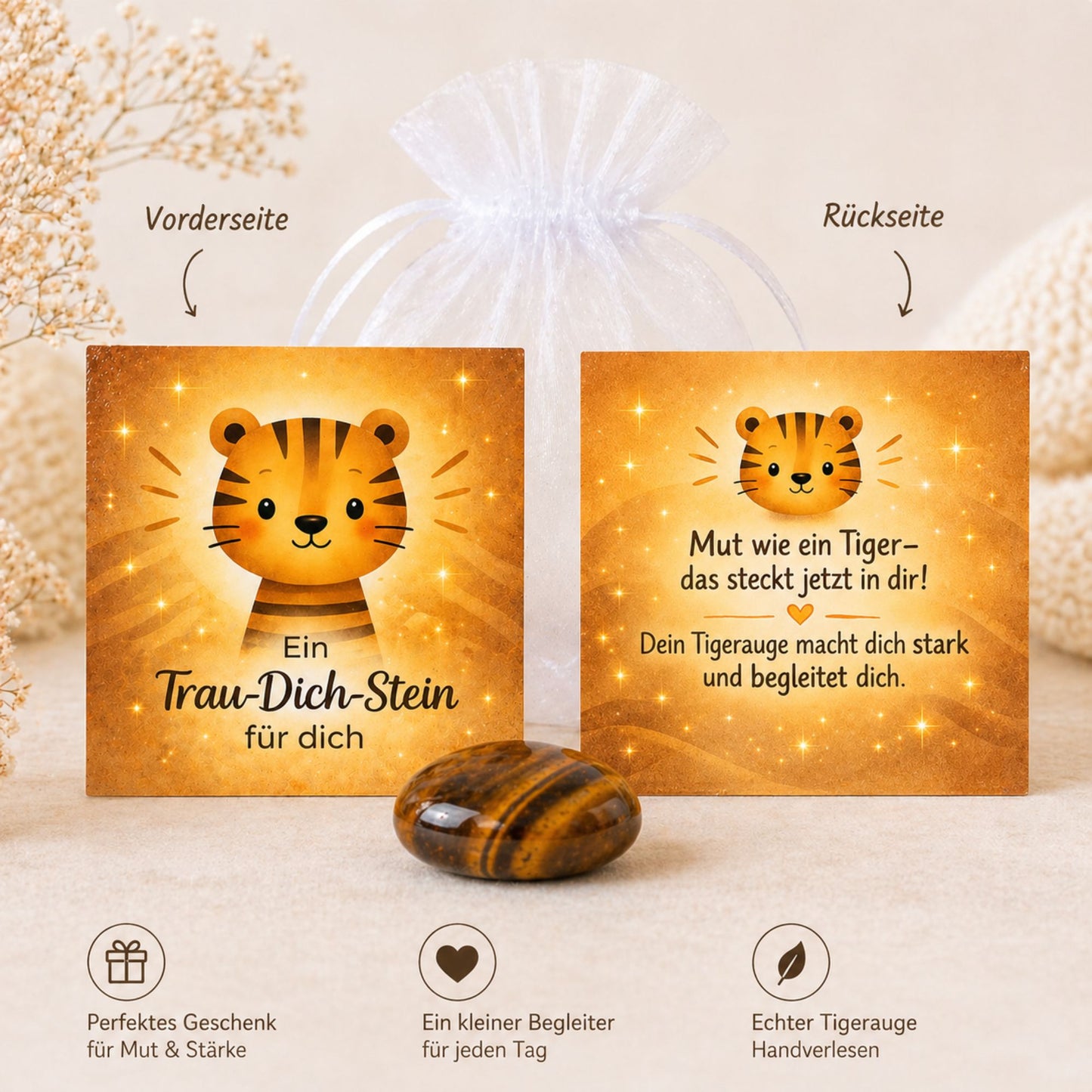 Kleiner Mutmacher zur Einschulung – Tigerauge Naturstein mit Karte im Organzasäckchen