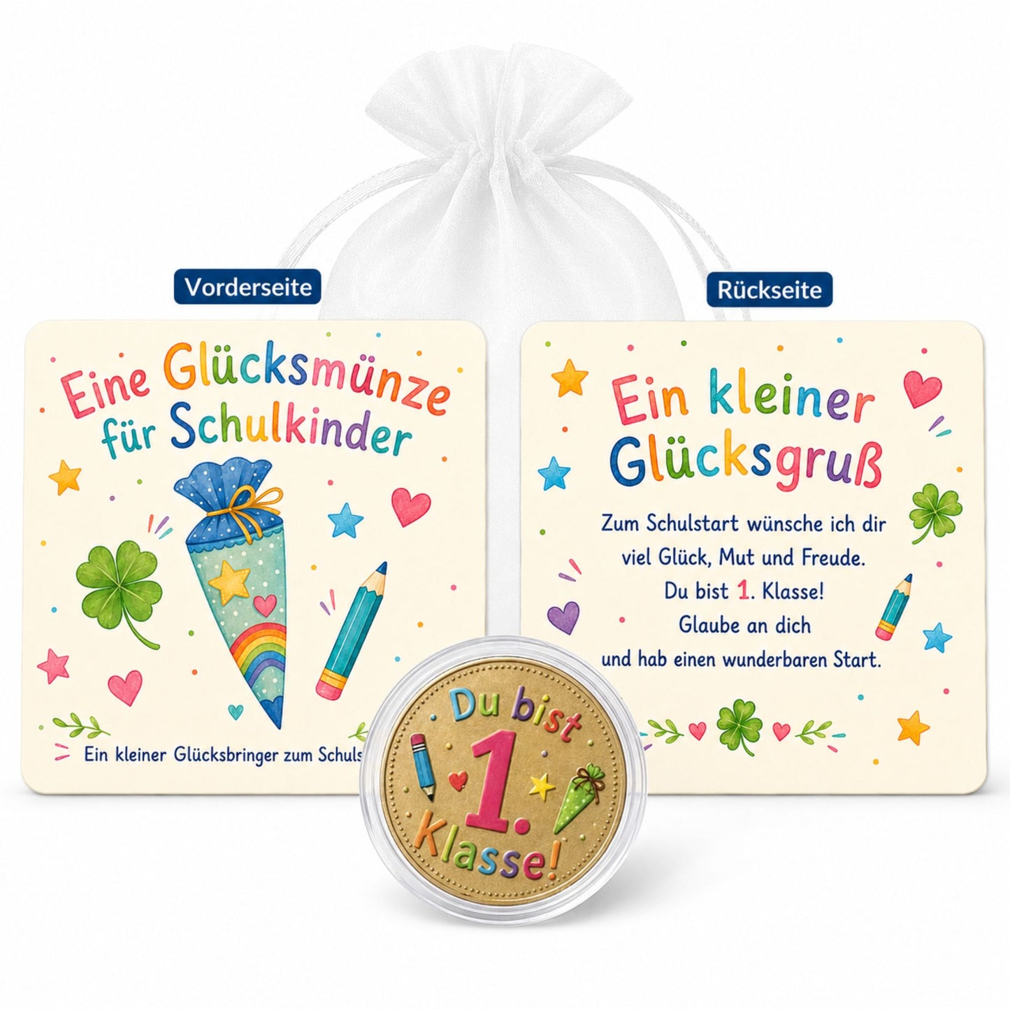 Glücksmünze zur Einschulung – kleines Geschenk mit Karte im Organzasäckchen