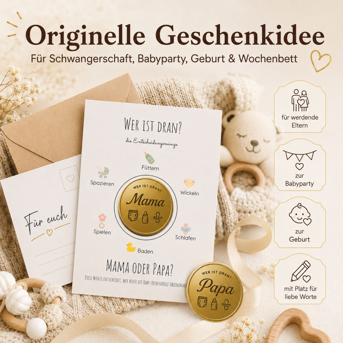MilaBoo® „Mama oder Papa“-Entscheidungsmünze – goldene Münze 4,5 cm mit Karte für Baby Shower, Geburt und Familienalltag