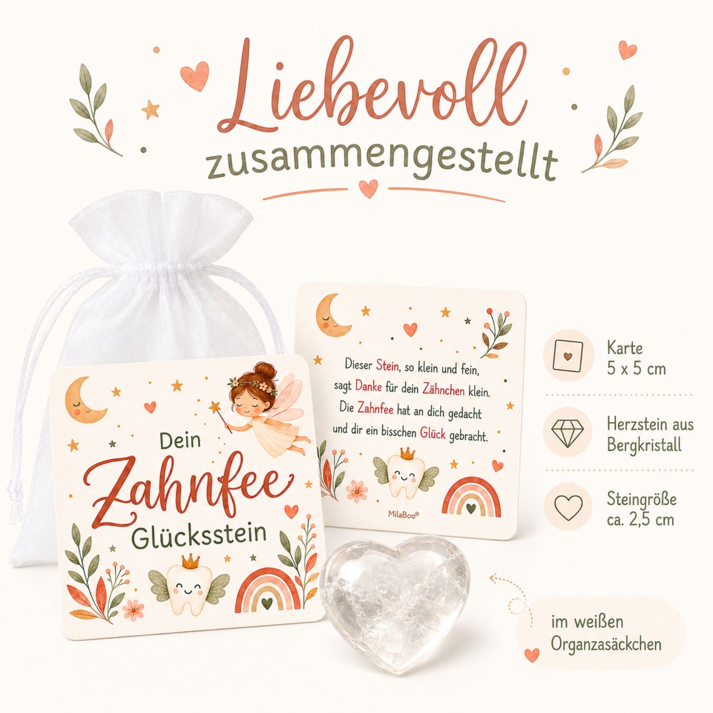 Zahnfee Glücksstein aus Bergkristall – liebevolles Geschenk mit Karte & Organzasäckchen