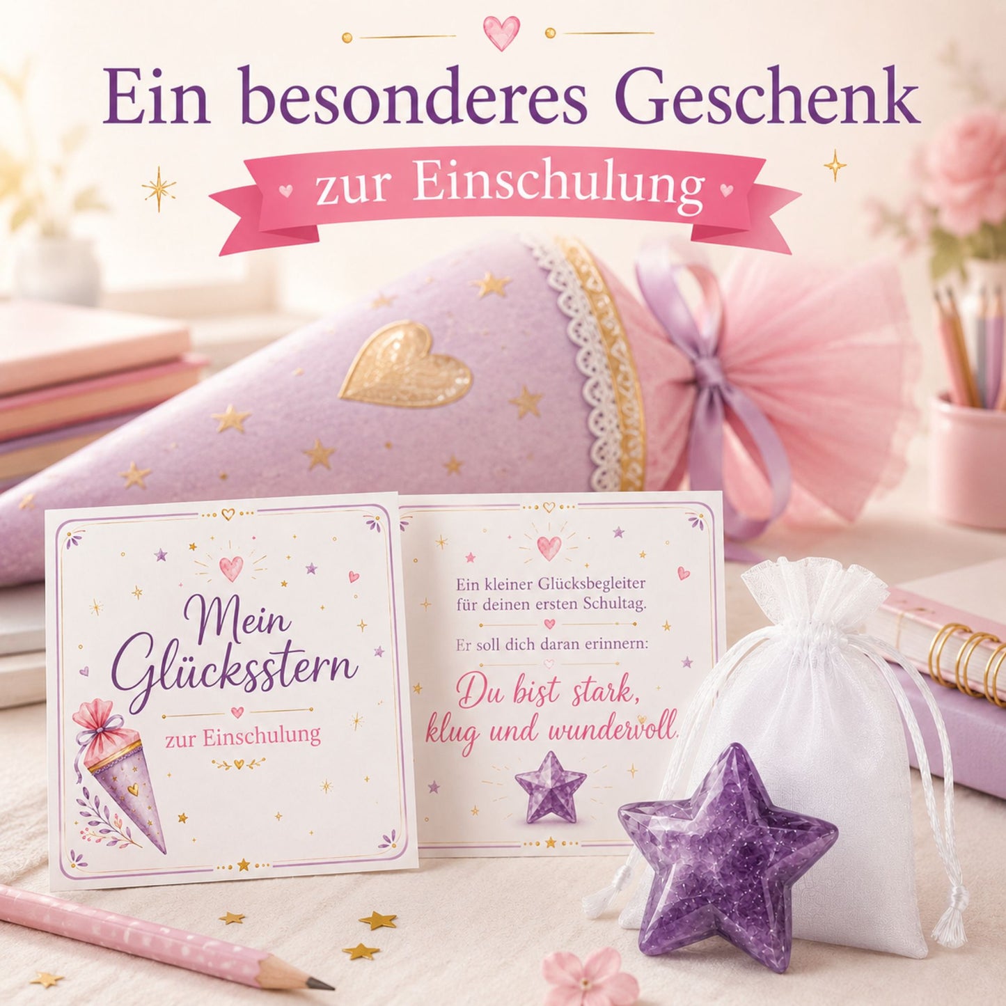 Amethyst Stern zur Einschulung – Glücksstern Geschenk mit Karte & Organzasäckchen für Schultüte und Schulstart