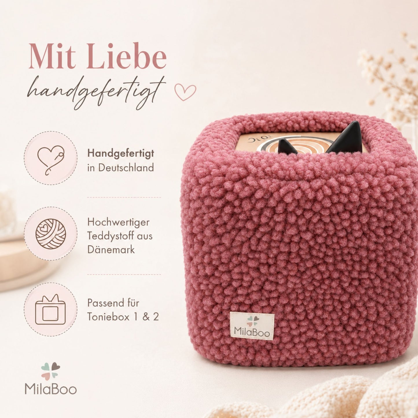 MilaBoo® Teddybezug für Toniebox 1 & 2 – weiche Schutzhülle aus Teddystoff, handgefertigt in Deutschland – Dunkelrosa