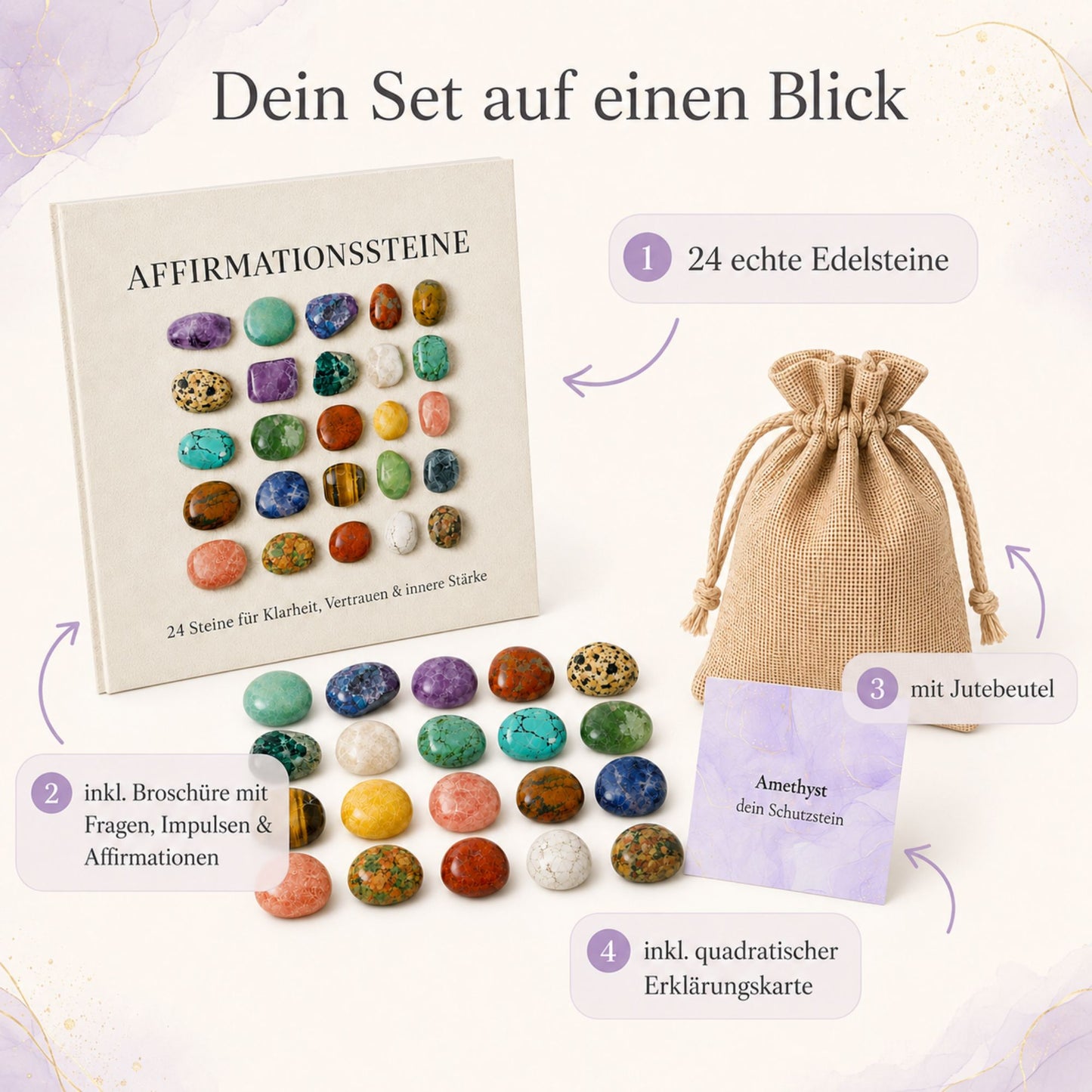Affirmationssteine Set – 24 Edelsteine mit Broschüre, Jutebeuteln & Bedeutungskarte für Klarheit, Vertrauen und innere Stärke