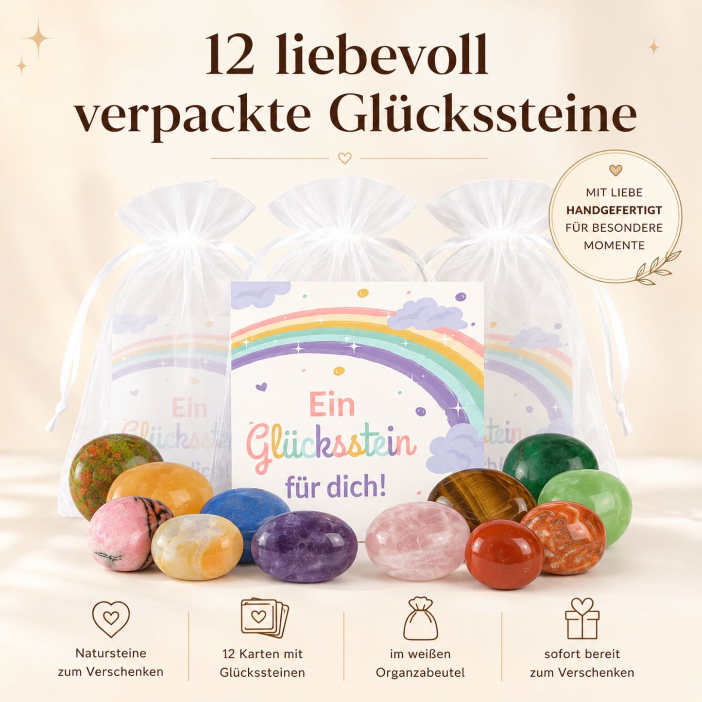 MilaBoo Glückssteine im 12er-Set mit Karte – Kleine Edelsteine als Geschenk, Mitbringsel und liebevoller Mutmacher