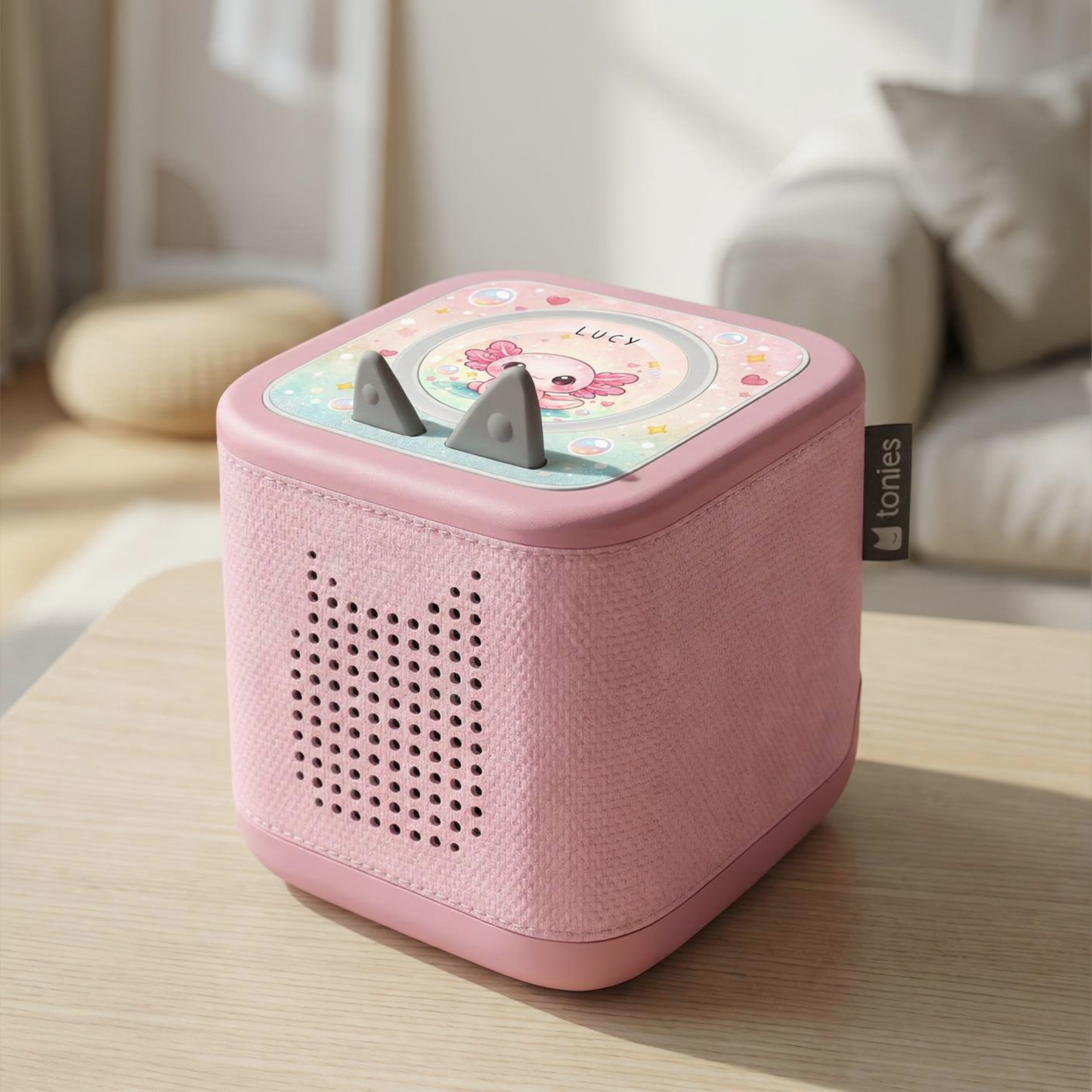 MilaBoo® Axolotl-Aufkleber für Toniebox 2 mit Wunschname – personalisierte Vinylfolie, passgenau und ablösbar