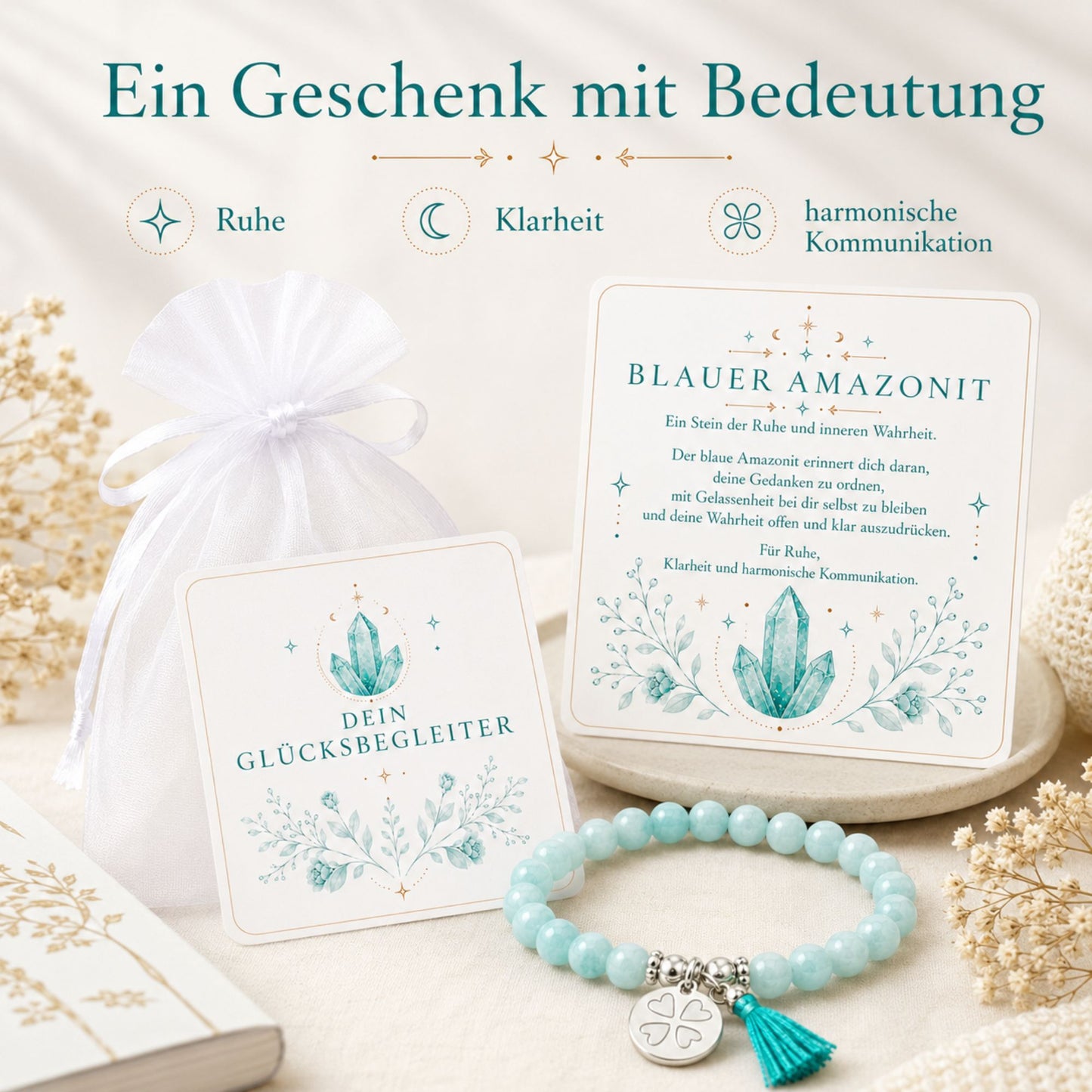 MilaBoo® Amazonit Armband Damen – Edelstein Armband mit Kleeblatt-Anhänger, Quaste & Geschenk-Karte