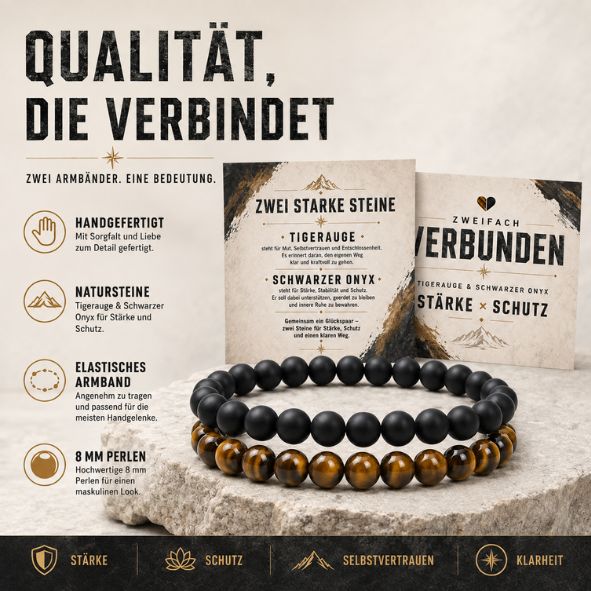 Herren Armband Set Tigerauge & Onyx | 2er Partnerarmband Männer | Geschenk für Freund Papa Bruder | Edelstein Armband Stärke Schutz