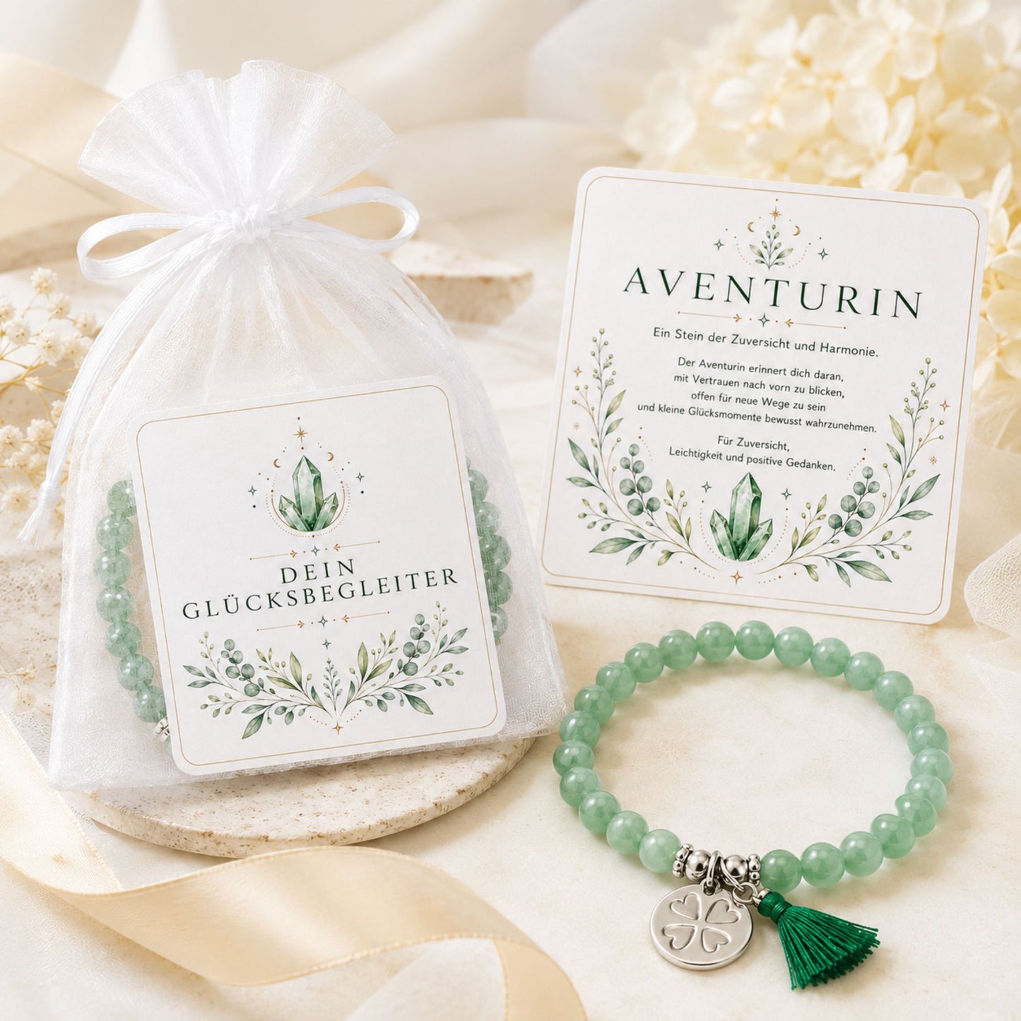 MilaBoo® Aventurin Armband Damen – Edelstein Armband mit Kleeblatt-Anhänger, Quaste & Geschenk-Karte