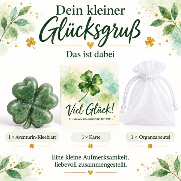 Glücks-Kleeblatt aus Aventurin mit Karte „Viel Glück!“ im Organzabeutel – kleiner Glücksbringer