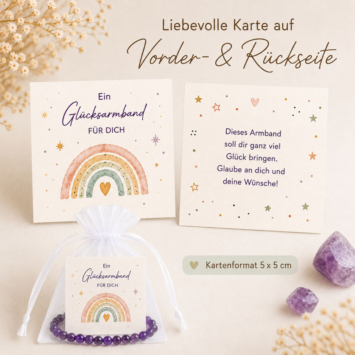 Glücksarmband 6er Set für Kinder – Naturstein-Armbänder mit Regenbogen-Karte im Organzasäckchen als Mitgebsel