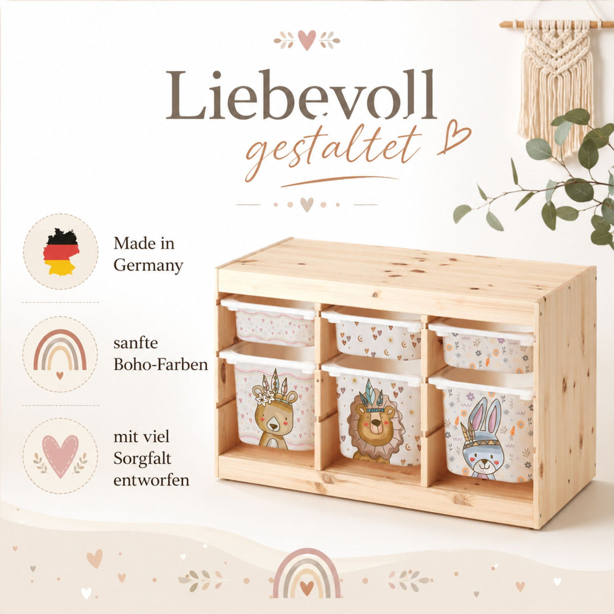 MilaBoo® Boho-Aufkleber für IKEA TROFAST – 6er-Set in Beige- und Naturtönen für große und kleine Boxen