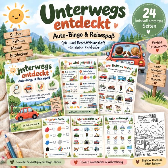 Reisespiele für Kinder zum Ausdrucken | Reise Bingo, Suchspiel & Autofahrt-Beschäftigung | PDF Druckvorlage DIN A4 | Digitaler Download