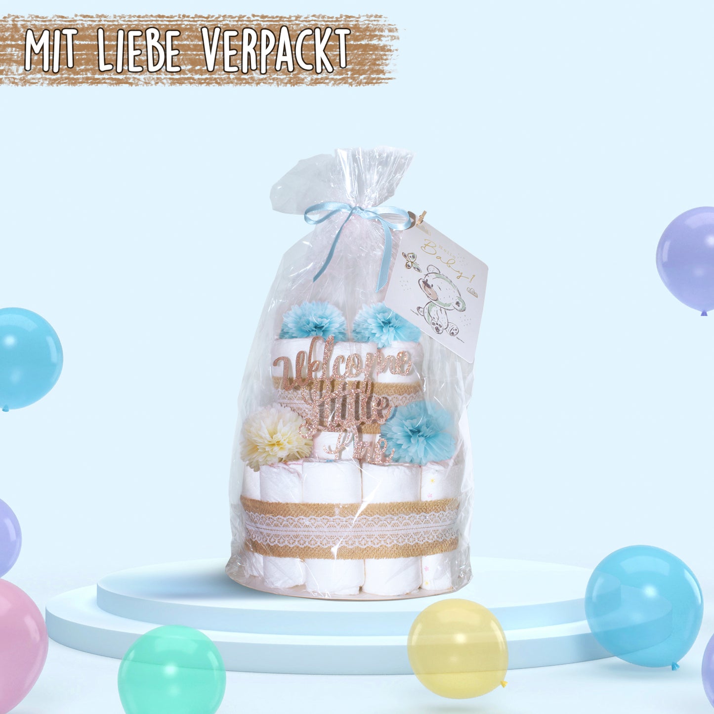 Windeltorte Vintage Boho Blau – 2-stöckig