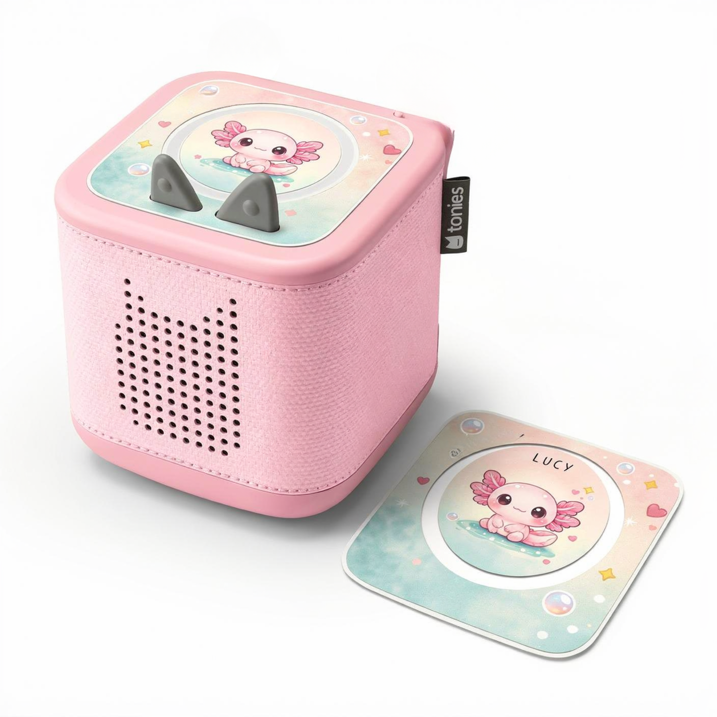 MilaBoo® Axolotl-Aufkleber für Toniebox 2 mit Wunschname – personalisierte Vinylfolie, passgenau und ablösbar