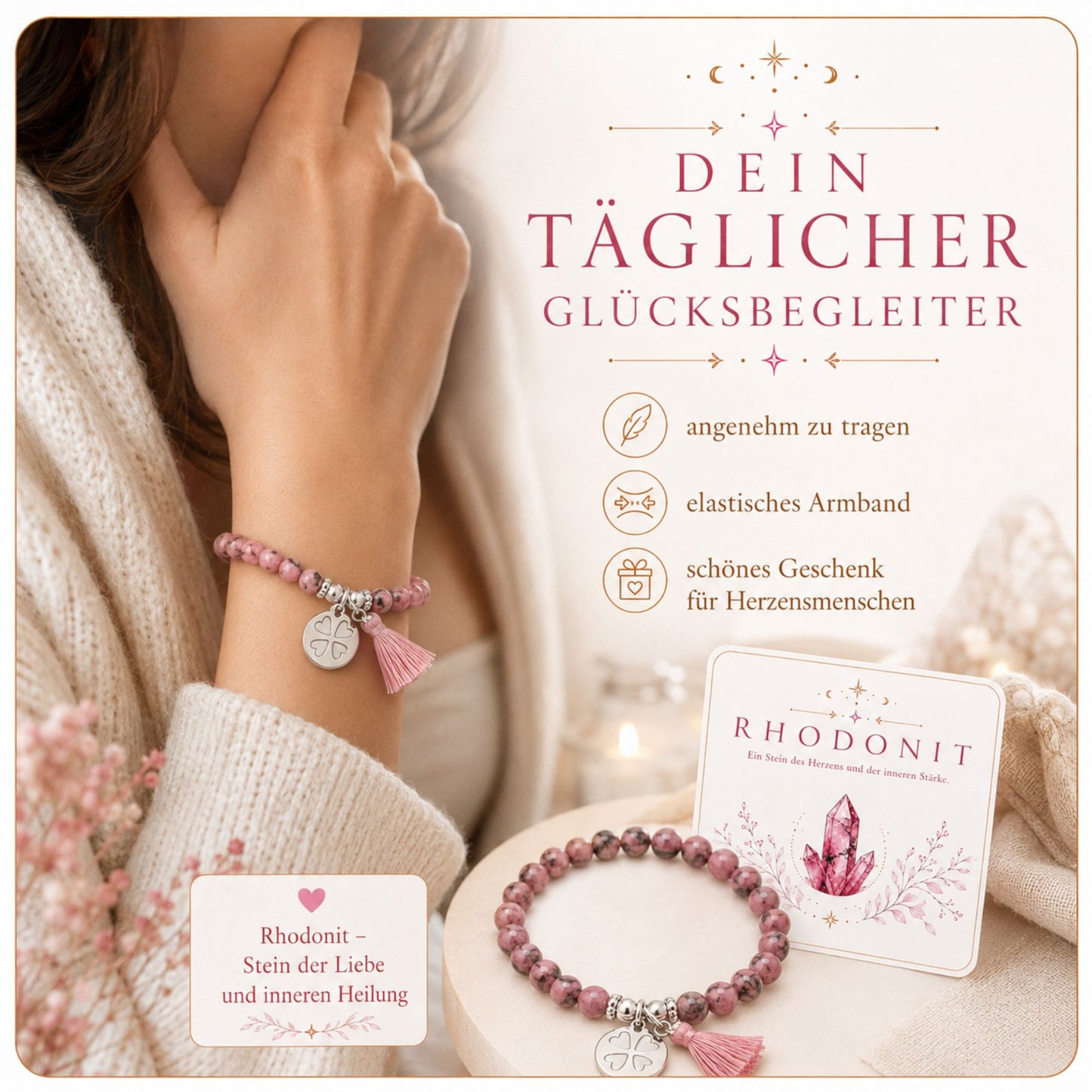 MilaBoo® Rhodonit Armband Damen – Edelstein Armband mit Kleeblatt-Anhänger, Quaste & Geschenk-Karte