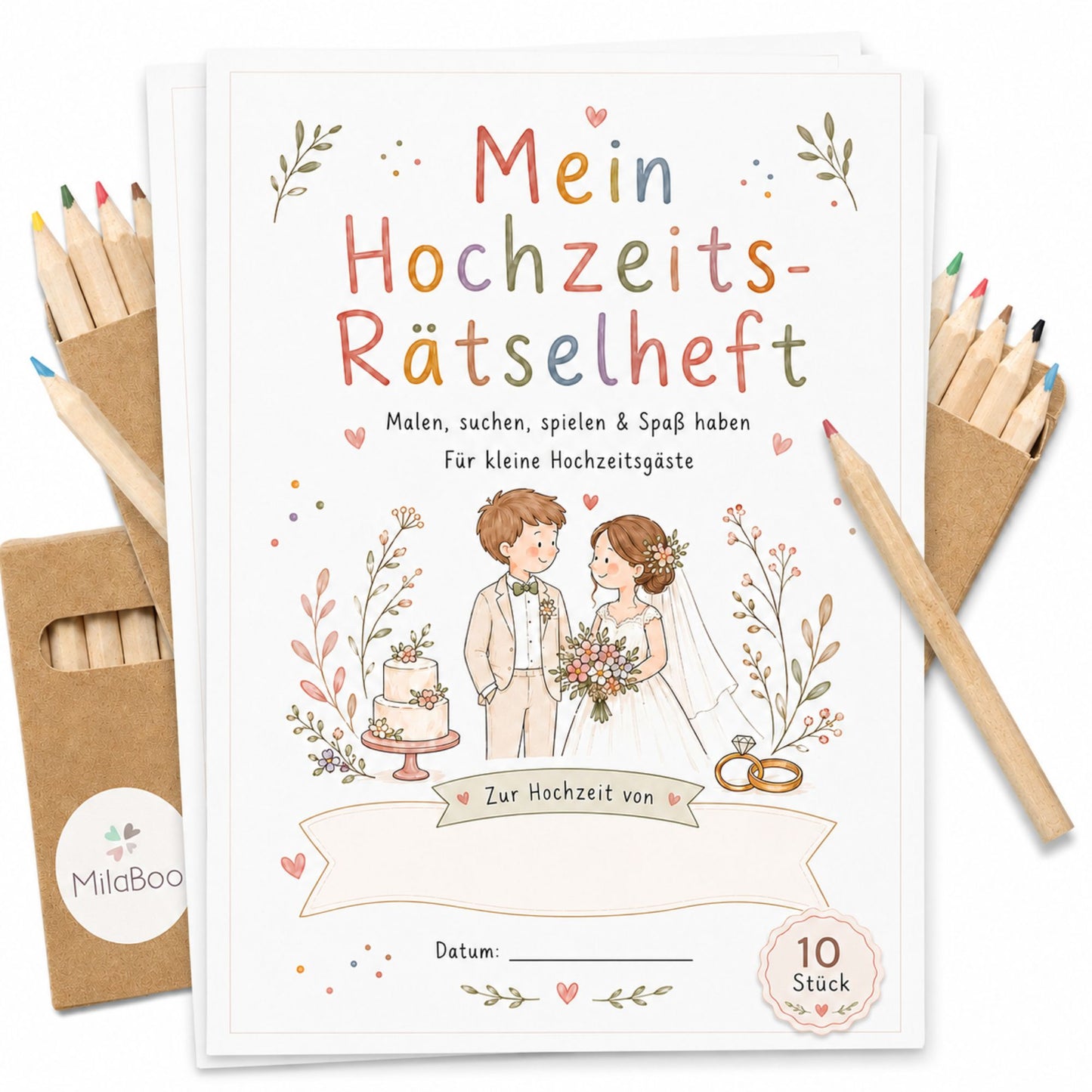 MilaBoo® Hochzeits-Rätselheft für Kinder – 10er-Set mit Buntstiften, 20 Seiten Mal- und Rätselspaß ab 3 Jahren