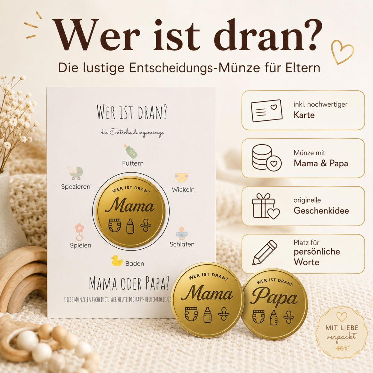 MilaBoo® „Mama oder Papa“-Entscheidungsmünze – goldene Münze 4,5 cm mit Karte für Baby Shower, Geburt und Familienalltag